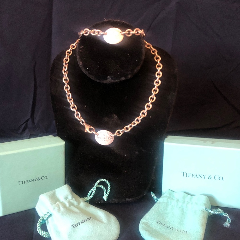Tiffany tag necklace & bracelet boxes & bags; heavy chunky round link chain